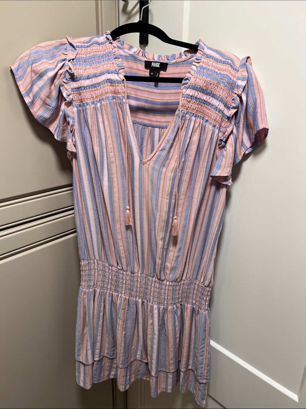 PAIGE Pink & Blue Striped Smocked Mini Dress